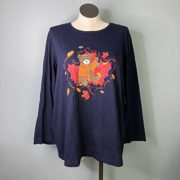 FASHION Bug Fall Autumn Teddy Bear Navy Blue Long Sleeve T-Shirt Plus Size 2X - Picture 1 of 16